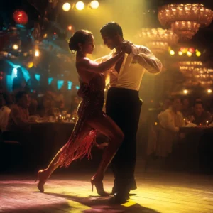 Young couple take cha cha dance lessons in dim lighting on a dance floor.