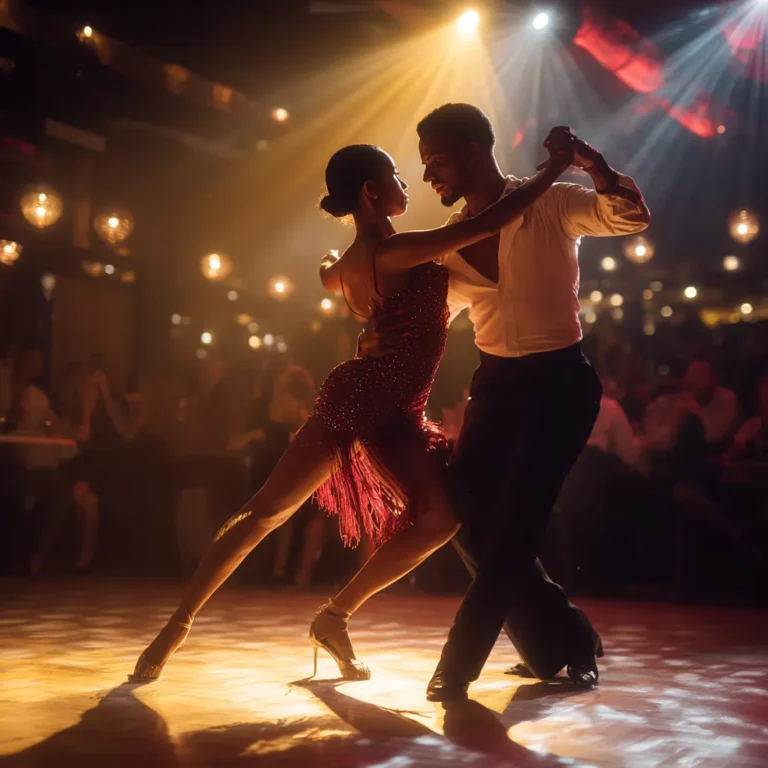 Couple in dance attire take cha cha dance lessons in Durham.
