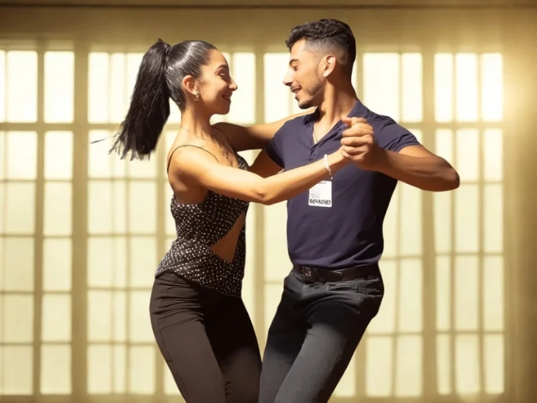 A Latino man and woman take Mambo dance lessons in Durham NC.