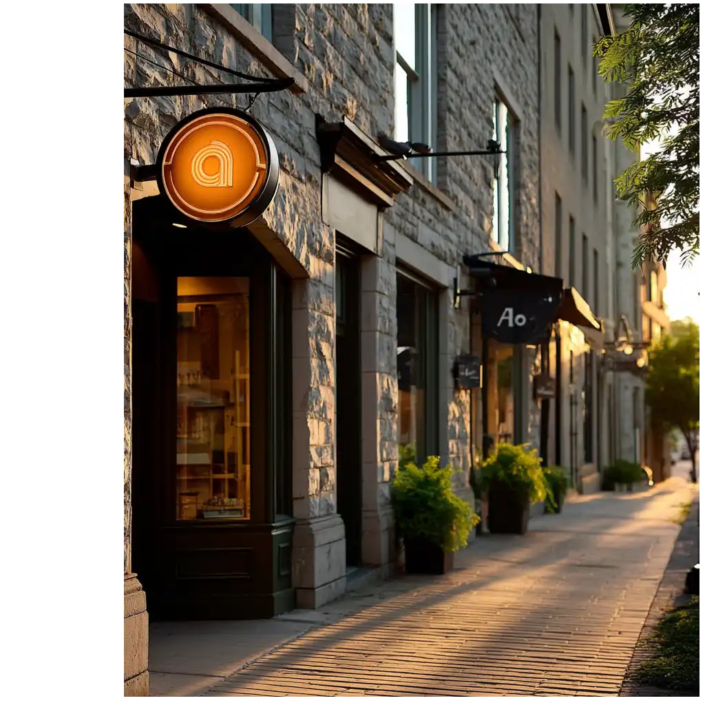Warm sunlight casts a glow on a stylish storefront with a modern circular sign featuring a lowercase “a” hanging above the entrance. Date night ideas Durham NC.