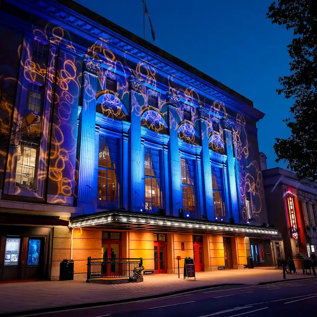 Theatre illuminated at night with blue and gold lights projecting patterns onto its grand columns. Date night ideas Durham NC.