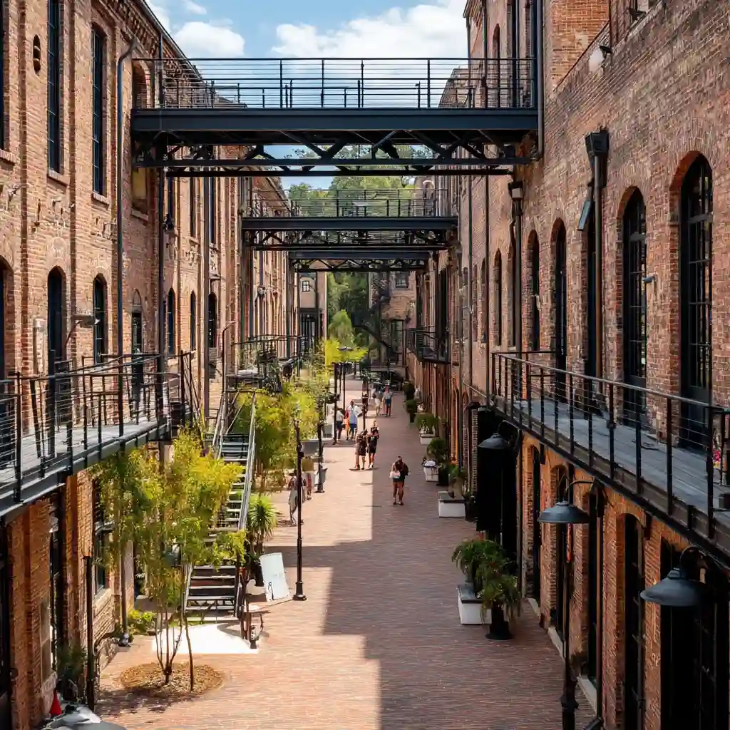 people in a lively courtyard surrounded by restored brick industrial buildings. Date night ideas Durham NC.
