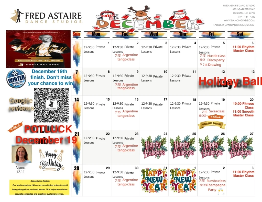 Durham NC dance studio calendar of events.