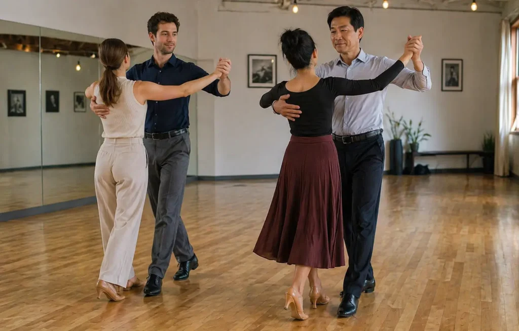 Couples practicing ballroom dance etiquette during a group lesson in a studio