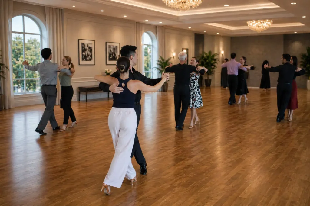 Ballroom dancers practicing dance etiquette in a Durham studio during a group class