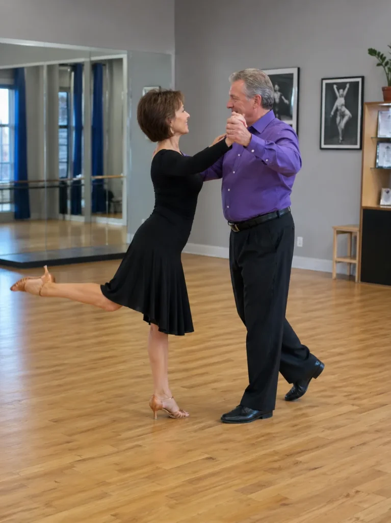 Couple practicing etiquette for ballroom dance during a lesson in a studio