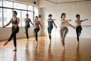 Adults practicing balance and coordination in a dance class while learning how to become a better dancer