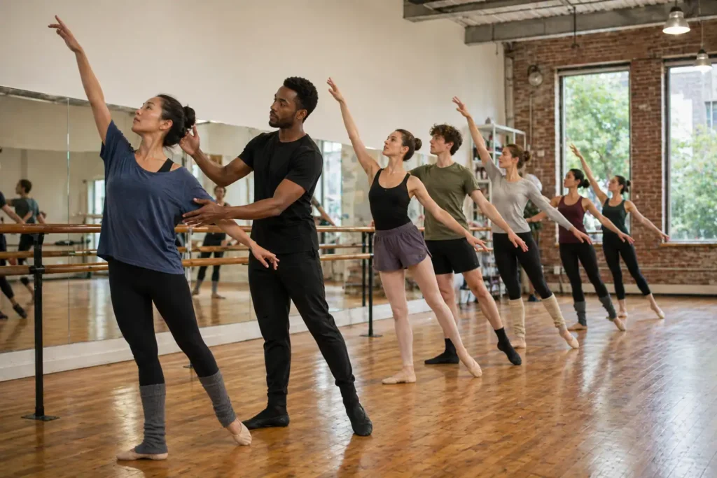 Dance instructor guiding adult students during dance classes in Durham NC