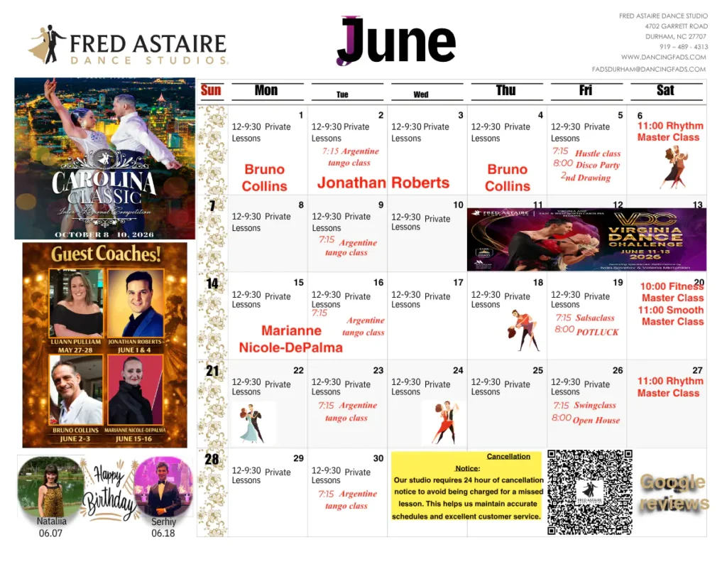 Fred Astaire Durham June 2026 calendar