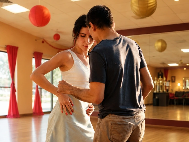 couple practices dancing. Image complements the blog: salsa dancing for beginners.