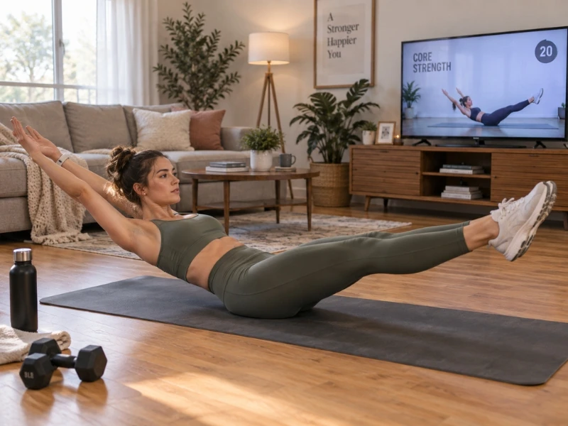 a woman practicing hollow holds in her living room. Image complements the blog How to Practice Dancing at Home.