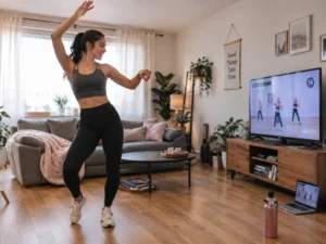 a woman learns how to practice dancing at home by following an online tutorial.