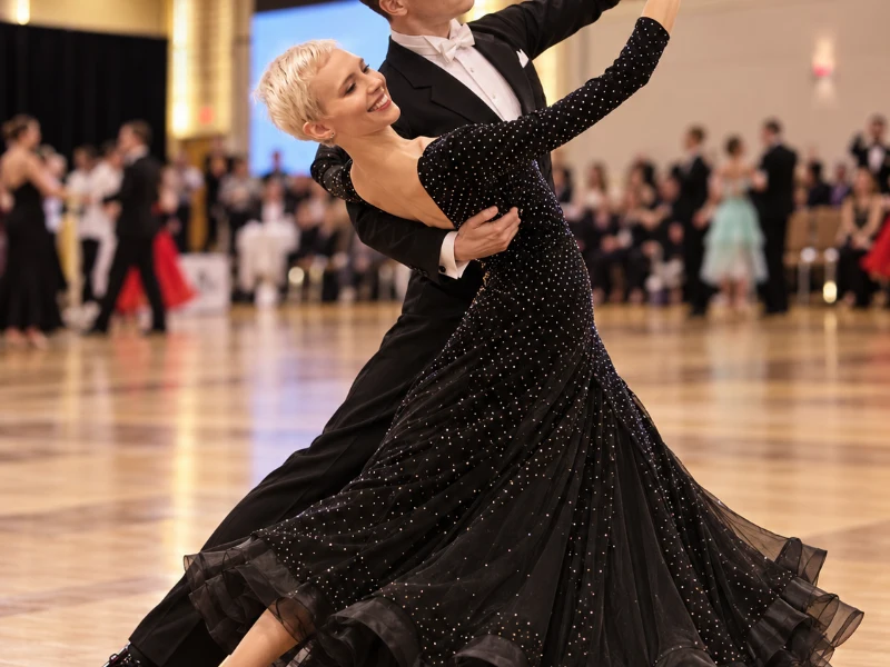 couple in formal dance attire teach foxtrot dance lessons at a Durham dance studio.