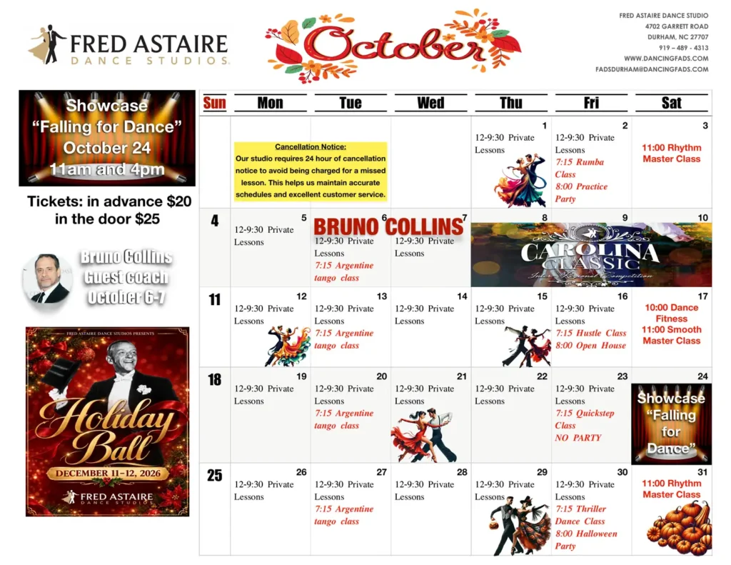 October 2026 calendar of events for Fred Astaire Dance Studio of Durham.