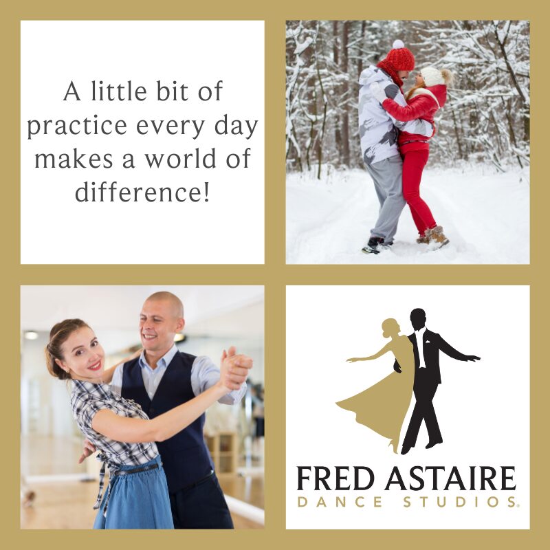 Collage showing couples dancing and practicing together, promoting dance classes for adults in Tucson at Fred Astaire Dance Studios.