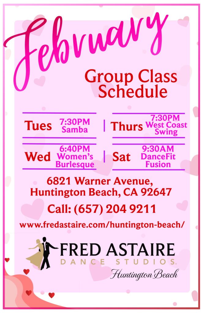 Group Class Schedule for February of 2026 Tuesdays, 7:30pm - Samba Wednesdays, 6:40pm - Women's Burlesque Thursdays, 7:30pm - West Coast Swing Saturdays, 9:30am - DanceFit Fusion