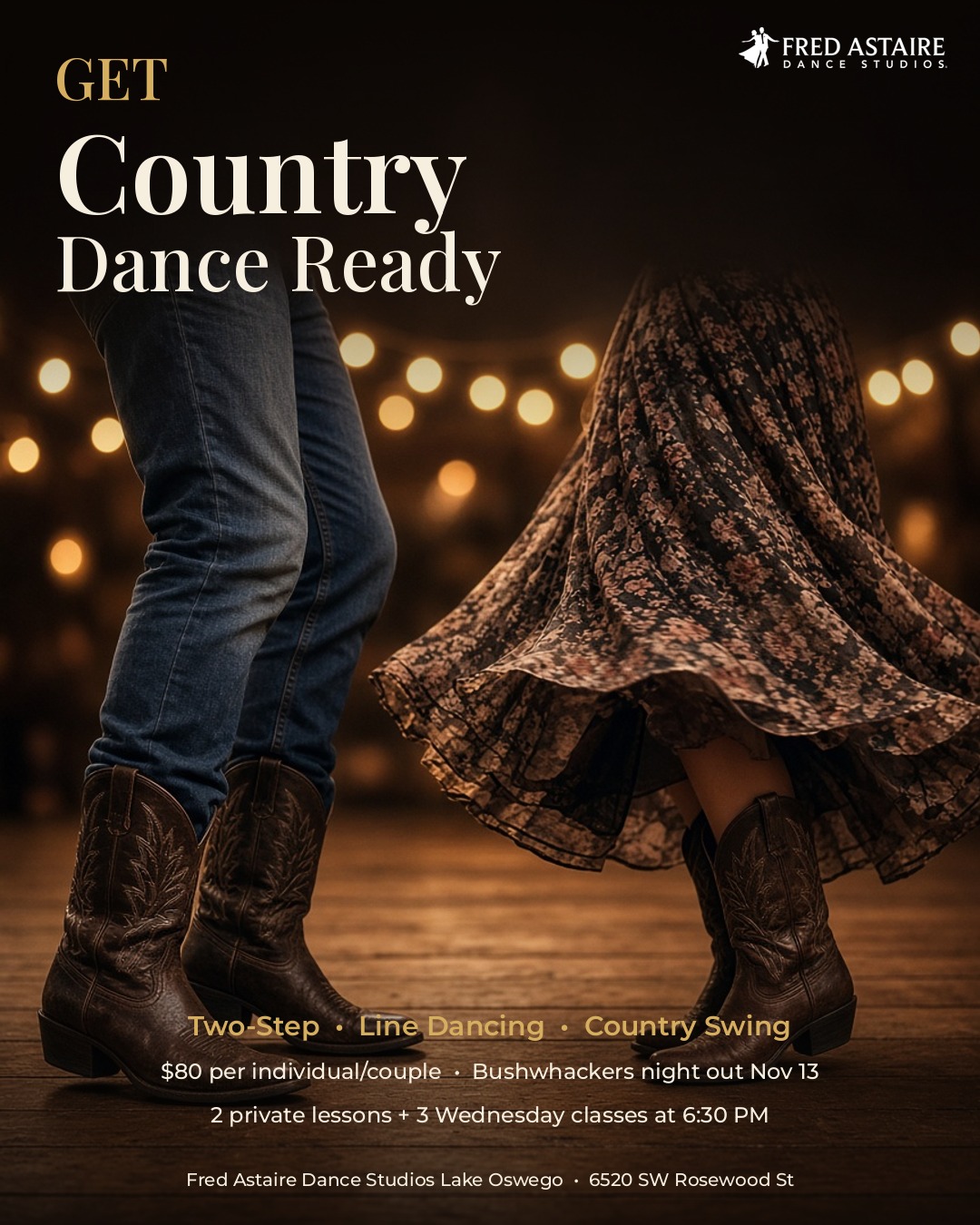 Country dance lessons Lake Oswego - couple in cowboy boots dancing two-step