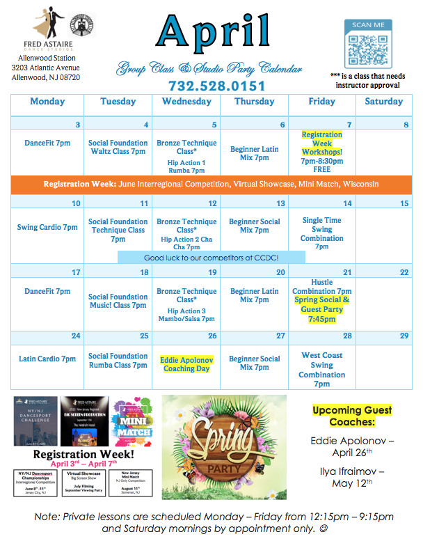 Group Class & Party Calendar Manasquan