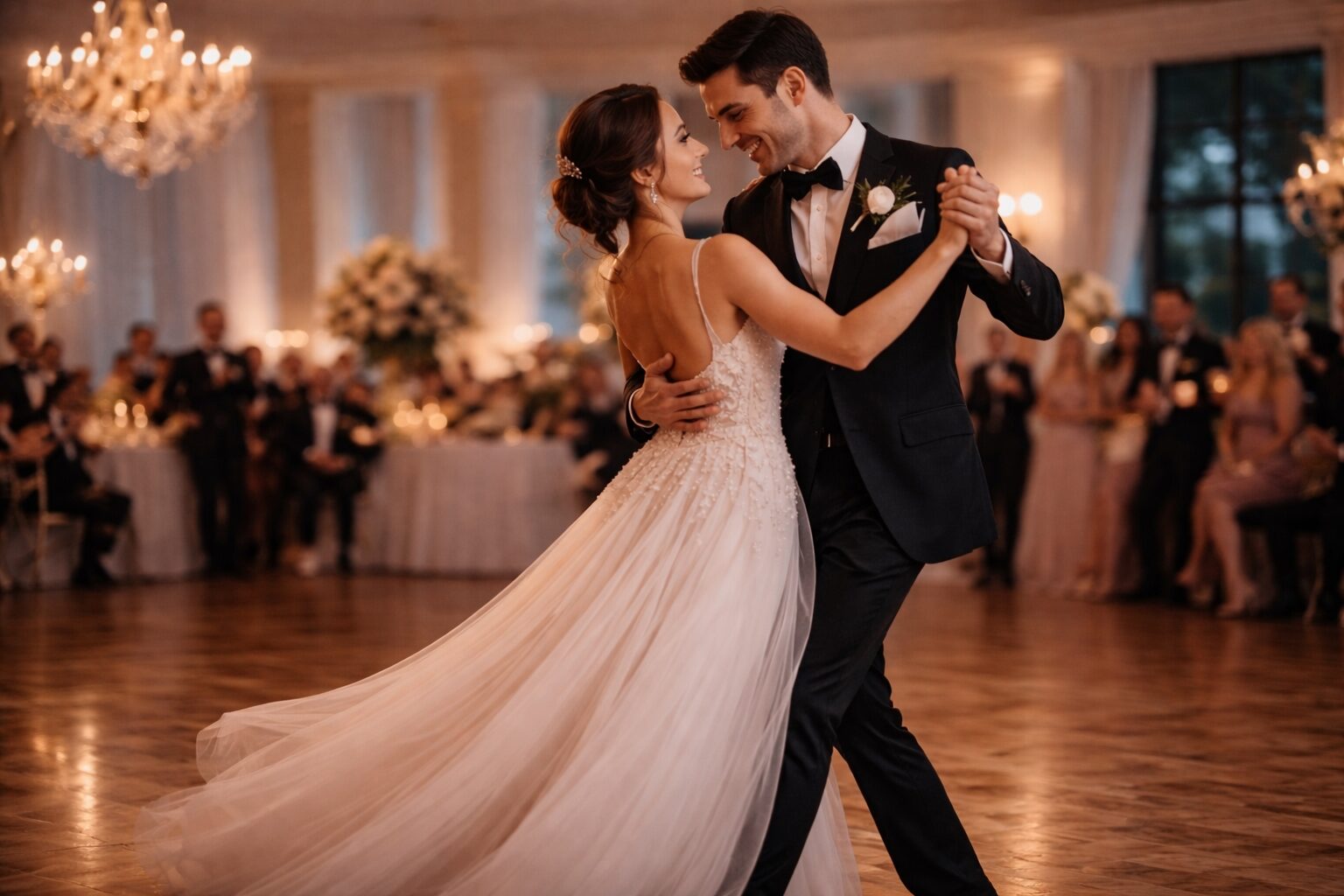 Bride and groom dancing together during elegant first dance lessons for their wedding reception.