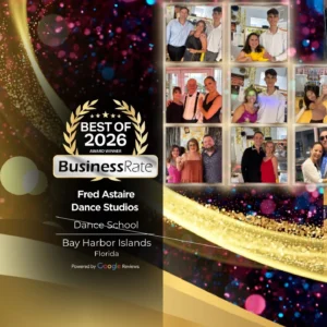 Award graphic with a collage of students and instructors from Fred Astaire Dance Studios, promoting private dance lessons in Miami Beach.