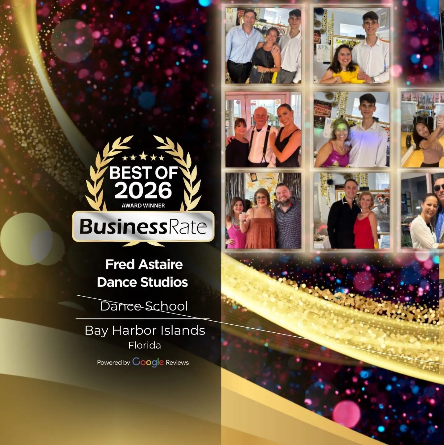 Award graphic with a collage of students and instructors from Fred Astaire Dance Studios, promoting private dance lessons in Miami Beach.