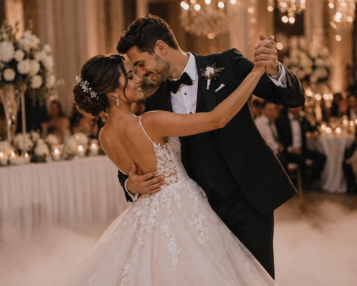 Bride and groom sharing their first dance at a wedding reception after taking wedding dance lessons to prepare a confident and elegant first dance together.