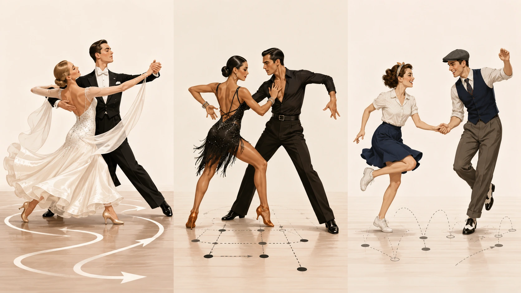 An image featuring three cartoonish drawings of dancers in dresses and suits showcasing proper footwork technique for dances such as the waltz, cha cha and swing.