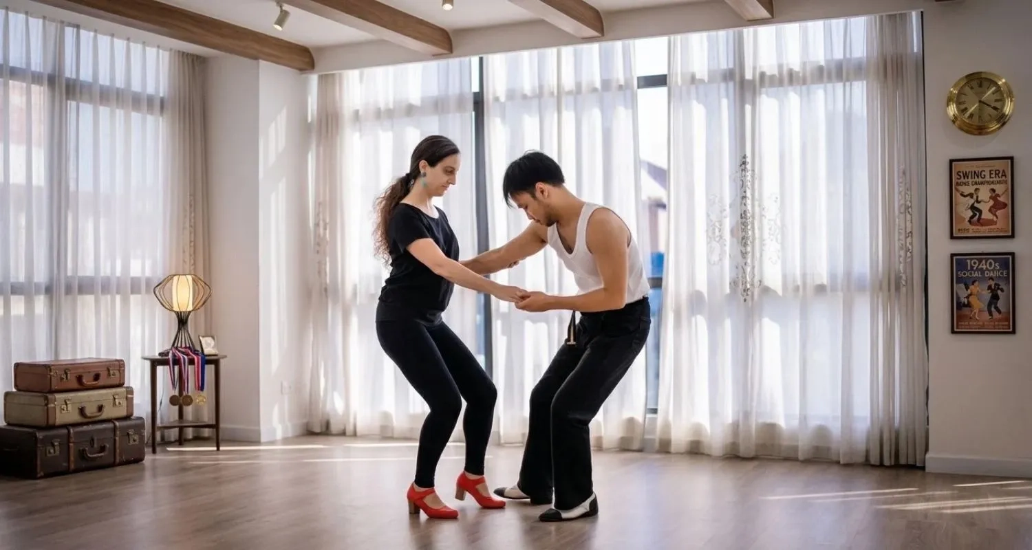 A man wearing a shirt with suspenders and a woman in a patterned dress smile and hold hands as they perform an East Coast Swing step in front of a green curtain.