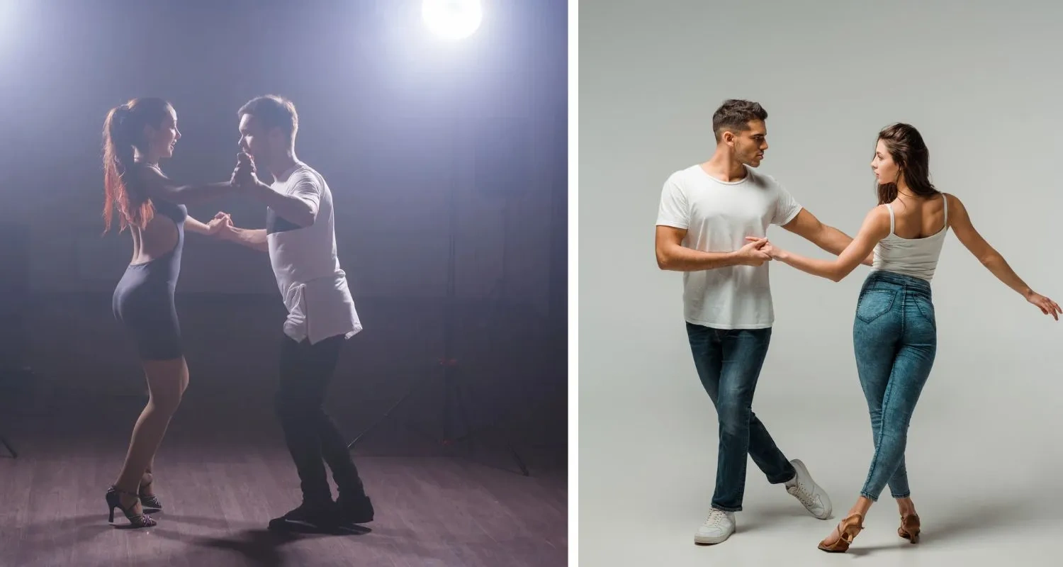 Two couples showing the Salsa vs Bachata difference, one turning in an open hold and one dancing a side step.