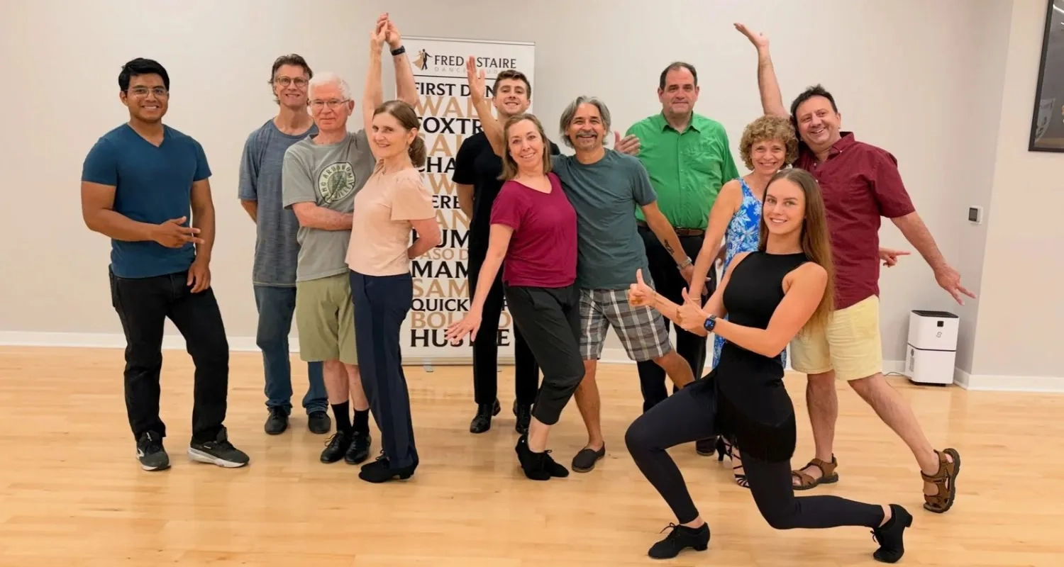 Adult students and instructors after a dance class at Fred Astaire Dance Studios in Morrisville, NC.