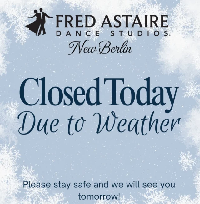 Due to the weather and road conditions, our studio will be closed today for the safety of our staff and students. ❄️ Please stay warm and safe and we look forward to seeing you tomorrow!