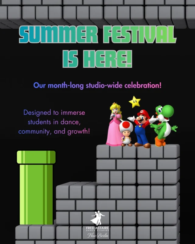 We can’t let another moment go by without making sure you have all the facts! Festival Sponsorship is your golden ticket to getting the most out of this incredible month.  Don’t let this opportunity disappear down the warp pipe—ask your instructor about Festival Sponsorship! 
🍄⭐️🍄⭐️🍄⭐️🍄  #fredastairedancestudios #newberlin #ballroomdancelessons #summerfestival #kickoffyoursummer