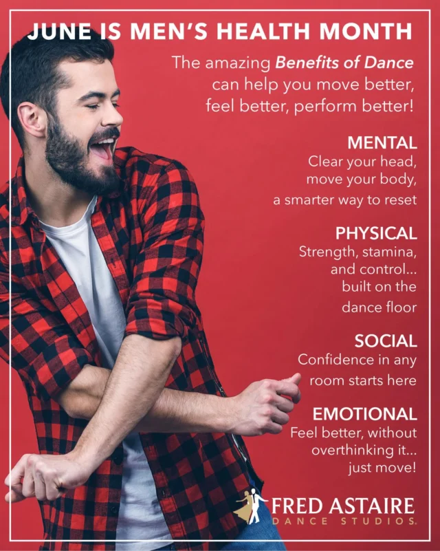 It is Men’s Health Month! 💪🏽  It takes strength to prioritize your health. We are encouraging the men of our studio and beyond to show up for themselves now - not later. Whether it’s moving your body, scheduling that appointment, managing stress, or making time for what brings you joy, every step counts. Your health matters, and so do you.  #fredastairedancestudios #newberlin #ballroomdance #menshealthmonth #prioritzeyourhealth