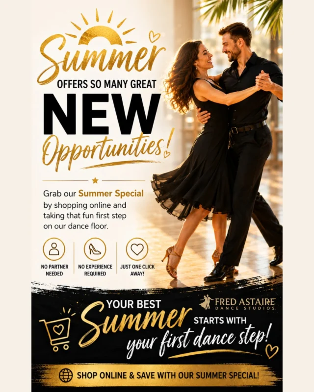 ☀️ Summer is full of opportunities... why not make this the one that changes everything?  Take the fun first step onto the dance floor with our Summer Special! Shop online, save on your introductory dance package, and discover a new hobby filled with fun, confidence, fitness, and unforgettable memories.  💃 No partner needed.
🕺 No experience required.
🌴 Just one click away from your next adventure. https://www.fredastaire.com/newberlin-wi/intro-package-sale/  Your best summer starts with your first dance step!  #summervibes #BeginnerDance #DanceSpecial #FredAstaireWisconsin #ShopNow #dance #ballroomdance #bestinballroom #fredastairedancestudios #wisconsin #lifesbetterwhenyoudance #shoponline #dancediscount #discountondance #fadswisconsin #beginnerswelcome #nopartnernecessary #noexperiencenecessary #DanceWithUs