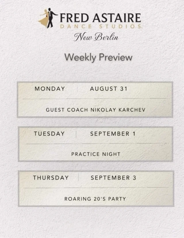 This week is going to be a GOOD one! 🔥
So much happening, so much dancing, and SO many reasons to be excited. Let’s go!  #fredastairedancestudios #newberlinwi #ballroomdancelessons #weeklypreview #thingstodoinnewberlin
