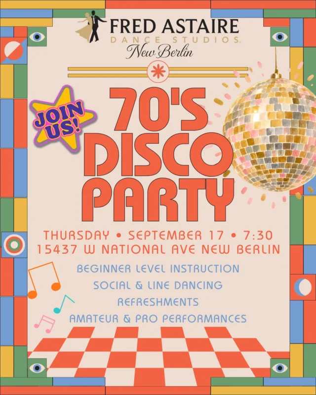 70’s Disco Party, baby!  Pull out those bell bottoms, bring your best moves, and get ready to boogie! ✌🏼🪩  Let’s get down tonight! 🕺🏼  #fredastairedancestudios #newberlinwi #ballroomdancelessons #70sdiscoparty #letsgetdowntonight