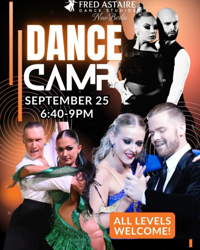 Students! Please join us this Friday, September 25th, at 6:40pm for another Dance Camp! 🕺🏼⛺️  Ask your instructor or call the studio for details and how to sign up!  ☎️ (262) 330-8685  #fredastairedancestudios #newberlinwi #ballroomdancelessons #dancecamp #practicemakesprogress