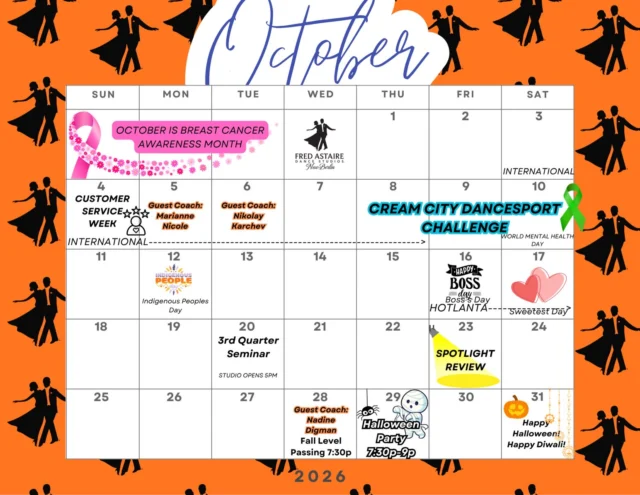 October, we’re ready for you. 🍂  Cooler temps. Hotter dances. A calendar full of reasons to show up.  Save this post, grab your calendar, and let’s dance our way through the month.  #fredastairedancestudios #newberlinwi #thingstodoinnewberlin #octoberfun #trysomethingnew
