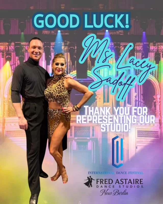 International, here she comes. 🩵✨  Wishing our one and only Ms. Lacey Sadoff the BEST of luck!  Go do what you do, Queen. 👑  #fredastairedancestudios #newberlinwi #ballroomdancecompetition #internationaldancefestival #goodluck