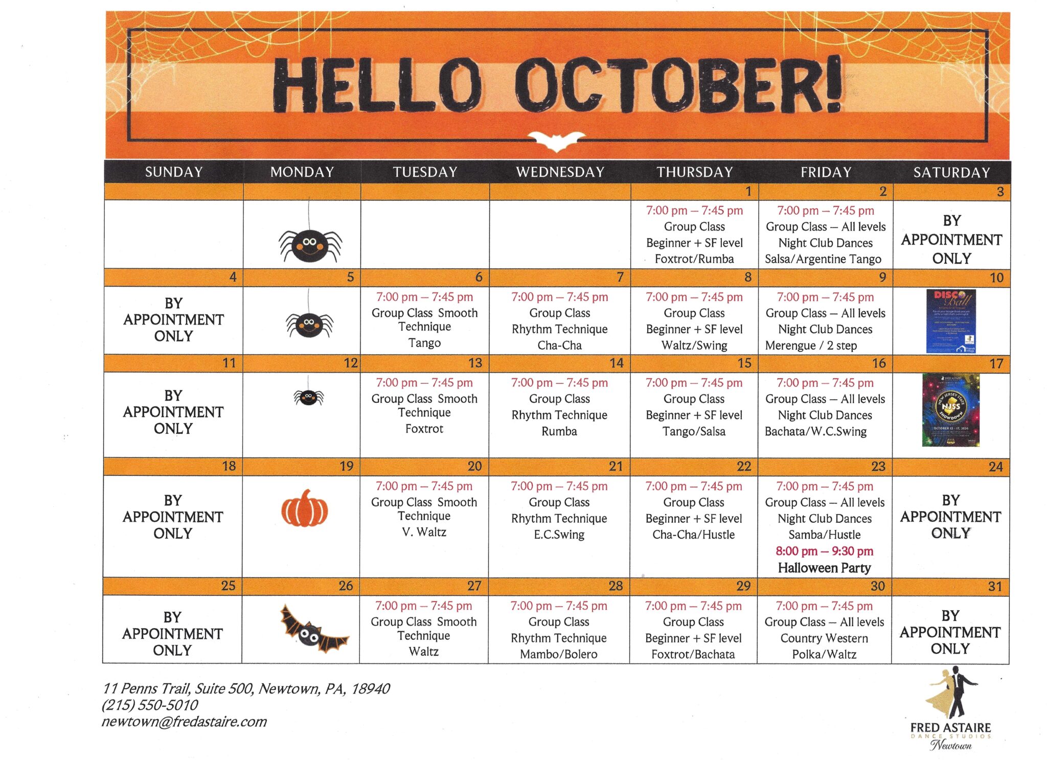 October 2026 Dance Classes & Events in Newtown, PA Make October a month to dance at Fred Astaire Dance Studios Newtown! Our October 2026 calendar includes a variety of ballroom, Latin, rhythm, smooth and social dance group classes for adults of different experience levels. Learn and practice popular dances including Waltz, Foxtrot, Tango, Rumba, Cha-Cha, Salsa, Swing, Bachata, Hustle, Mambo, Bolero, Merengue and Country Western dancing in a welcoming and fun environment. Whether you are a complete beginner, preparing for a special occasion, looking for a new hobby, or simply want to enjoy more social dancing, our professional instructors are ready to help you feel comfortable and confident on the dance floor. And don’t miss our Halloween Dance Party on October 23 from 8:00 PM–9:30 PM! 📍 Fred Astaire Dance Studios – Newtown 11 Penns Trail, Suite 500 Newtown, PA 18940 📞 (215) 550-5010