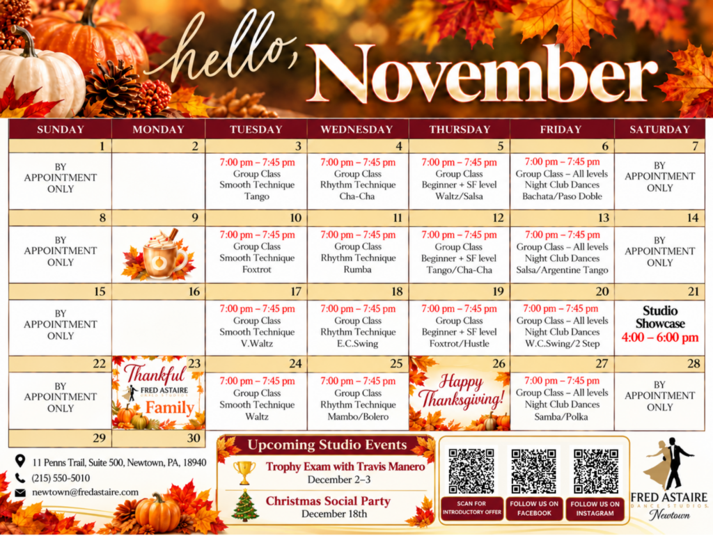 November 2026 dance calendar for Fred Astaire Dance Studios Newtown PA with ballroom dance classes and studio events