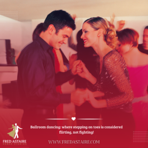 A couple laughing while awkwardly ballroom dancing, symbolizing romance and connection beyond candlelit dinners, at Fred Astaire Dance Studios.