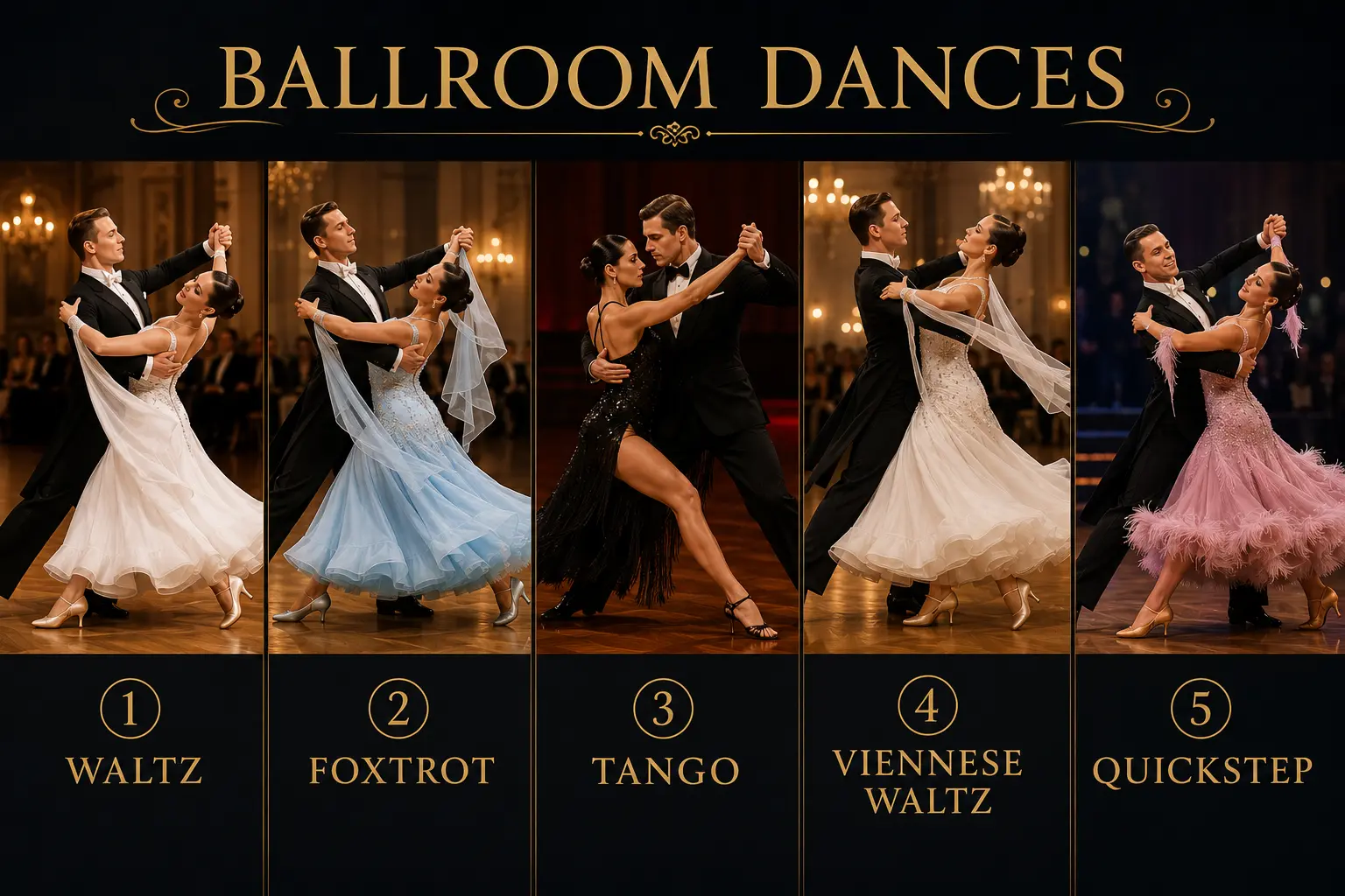 Illustration of ballroom dances including Waltz, Foxtrot, Tango, Viennese Waltz, and Quickstep performed by elegant dance couples.