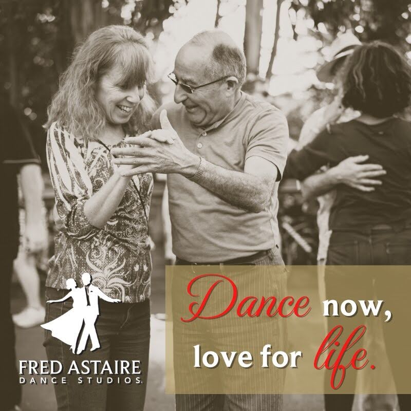 Older adults enjoying social dance lessons together at Fred Astaire Dance Studios with the message “Dance now, love for life.”