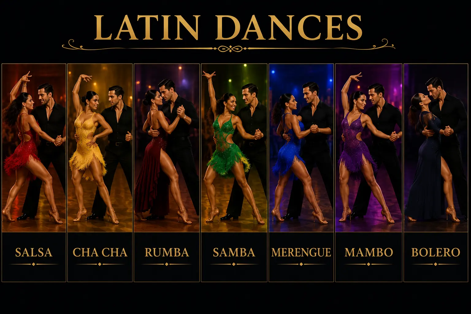 Illustration of Latin dances including Salsa, Cha Cha, Rumba, Samba, Merengue, Mambo, and Bolero performed by dance couples.