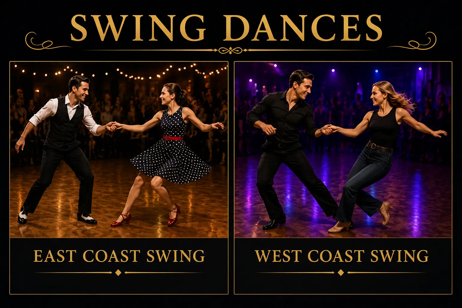 Illustration of swing dances featuring East Coast Swing and West Coast Swing performed by dance couples on a dance floor.