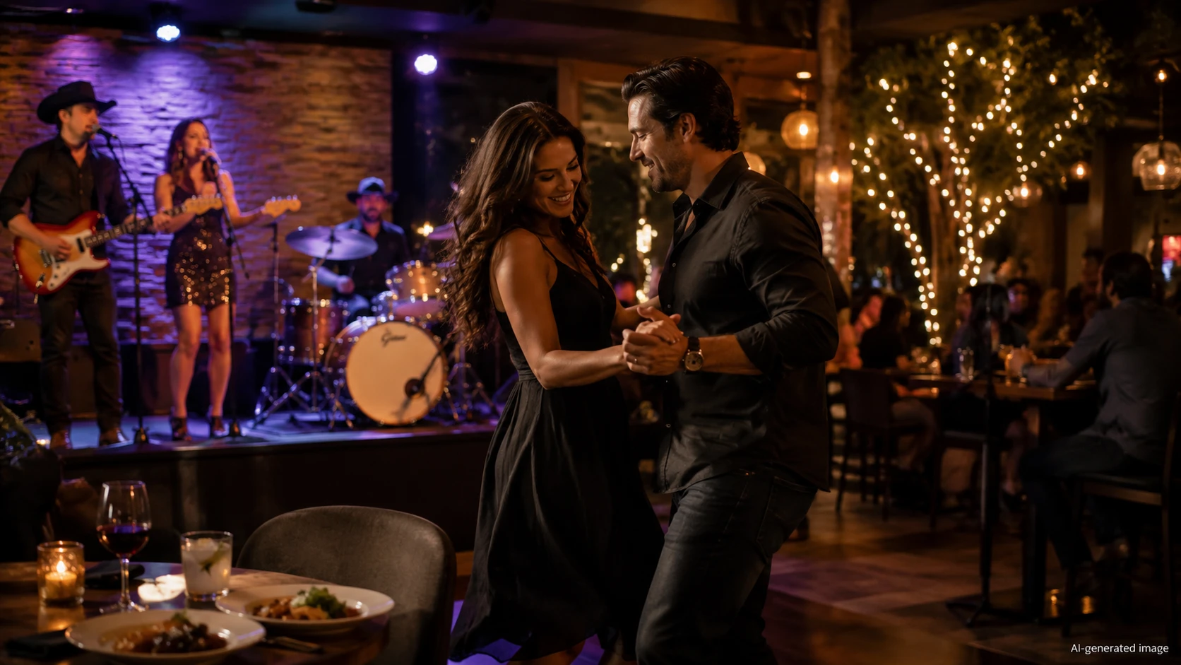 A couple dancing in a bar in front of a live band after discovering The Best Date Night Ideas in Paradise Valley.