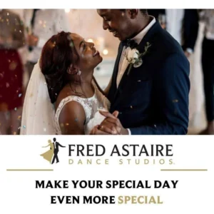 A newlywed couple shares a romantic first dance, highlighting the option to book Private Lessons for a wedding dance.