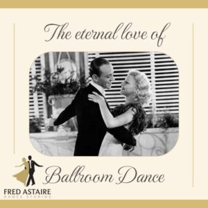 Vintage ballroom dance couple graphic promoting Ballroom Dancing in Arizona with Fred Astaire Dance Studios.