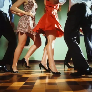3 ladies wearing heels and dresses and 2 men wearing pants take salsa dance lessons in Raleigh.